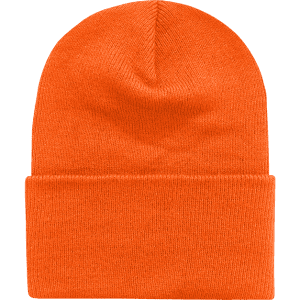 An orange long beanie with a folded cuff, made of a soft, textured fabric.