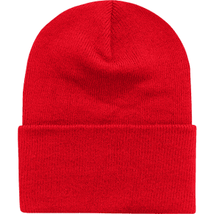 A red long beanie featuring a folded brim, made from a soft, stretchy material.