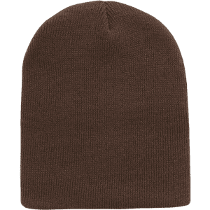 Brown Acry/Poly Short Beanie displayed on a green background, featuring knit texture. Logo positioned on the beanie.