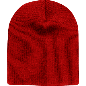 A red short beanie with a ribbed texture, featuring a rounded top.