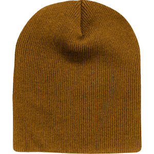A short beanie in a warm, mustard yellow colour with a ribbed texture and a rounded top.