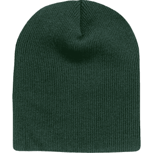 A green beanie with a ribbed texture and a rounded top. The image features a simple design without any logos.