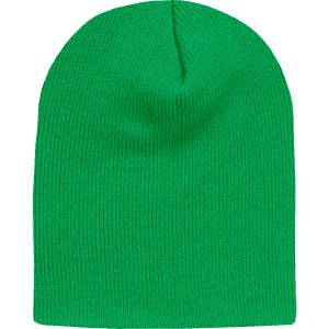 A green short beanie with a ribbed texture, featuring a rounded top and no branding.