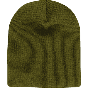 An olive green short beanie with ribbed texture and a rounded top, featuring a logo on the side.