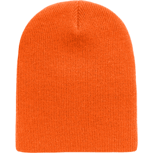An orange short beanie, featuring a ribbed texture and a simple design, with a logo on the side.