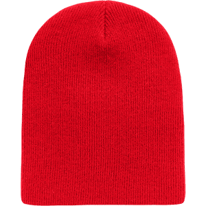 A red beanie with a ribbed texture, featuring a simple design and no visible logos.
