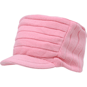 A pink knitted flat top cap with a visor, featuring a textured ribbed design. It has a branding logo on it.