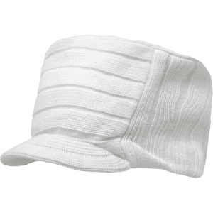 A white knitted flat top cap with a visor and textured design. The cap features a logo on the side.