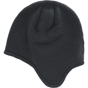 A dark blue beanie with a unique helmet design and snug fit. It features a simple, seamless structure and ribbed edges.