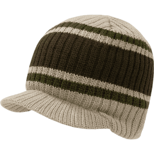 A striped beanie hat featuring beige and dark brown colours with a green stripe, designed for warmth and style.
