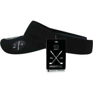 A black dimple patterned sun visor with a tag attached, featuring a logo.