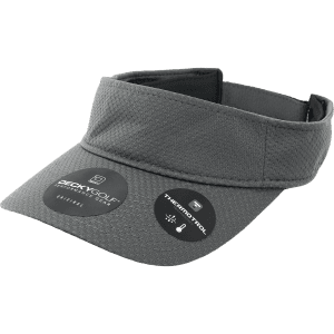 A grey sun visor featuring a dimple pattern and a branded tag, showcasing its stylish and functional design.