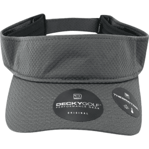 A grey dimple patterned sun visor featuring a logo and tags, designed for performance gear.