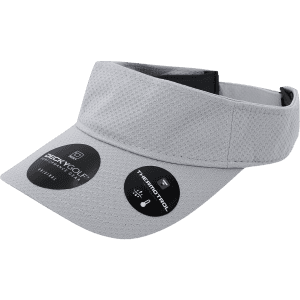 A grey sun visor with a dimple pattern, featuring a logo and two circular tags.