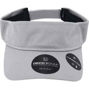 A grey dimple patterned sun visor featuring a logo and a sweatband for comfort.