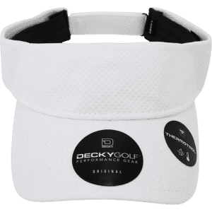 A white sun visor with a dimple pattern, featuring a logo and branding details on the side.