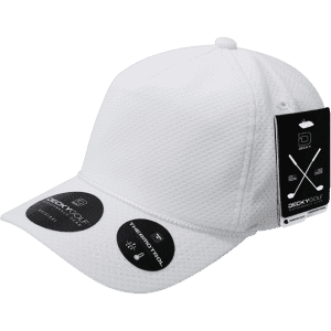 A white Dimple Pattern 5 Panel Cap with a logo and tags attached, featuring a textured fabric design.