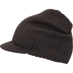 A black knitted beanie with a visor, featuring a ribbed texture and a folded band. It has a simple design and no visible branding.