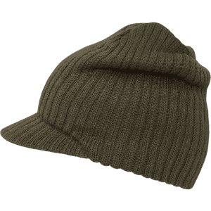 A knitted olive green beanie with a rolled brim and a slight peak, featuring a textured ribbed design.