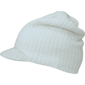 A white knitted cap with a beanie style and a curved brim, featuring a ribbed texture.