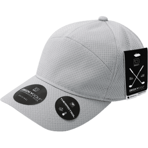 A grey 7 panel cap featuring a dimple pattern, with tags and a logo on the side.