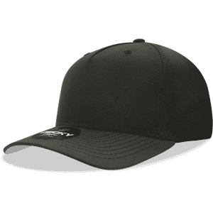 A black 5-panel mid-profile structured cap with a curved brim and a logo on the side.
