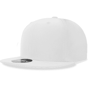 A white structured snapback cap with a high profile and a flat brim, featuring a logo on the front.