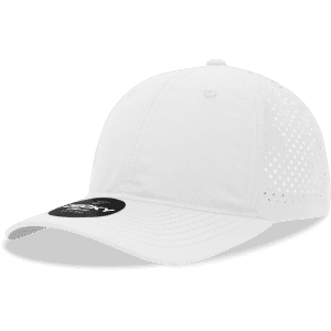 A white perforated dad hat with a low profile and relaxed fit, featuring a logo.