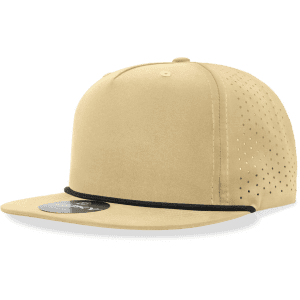 A high-profile, relaxed perforated rope hat in a sandy beige colour with a black rope detail and logo.
