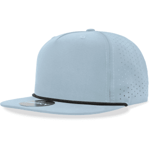 A light blue 5 panel high profile relaxed hat with perforations and a black rope detail. It features a logo.