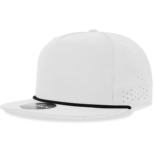 A white 5 panel high profile relaxed hat with perforated detailing and a black trim. It features a logo on the front.