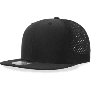 A black six-panel high-profile snapback cap with perforated sides and a flat brim. It features a logo on the front.