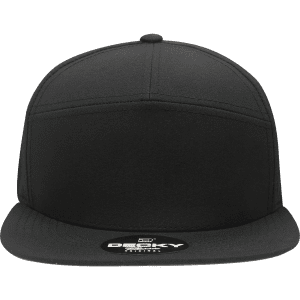 A black high profile structured cap with a flat brim and a logo on the visor.