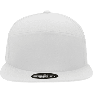 A white 7 panel high profile structured cap featuring a flat brim and a logo on the front.