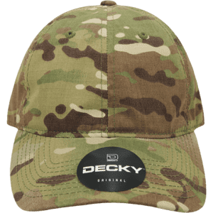 A camouflage cap in shades of green and brown, featuring a circular logo on the front.