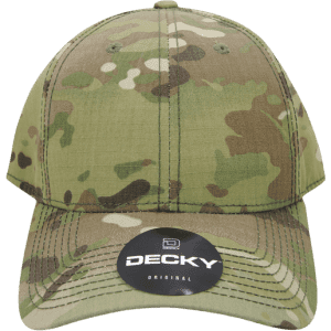 A structured cap in MULTICAM pattern featuring shades of green and brown, with a logo on the front.