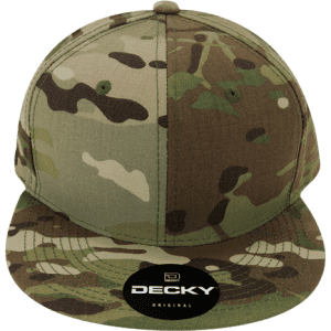 A multicoloured snapback cap features a camouflage pattern and has a logo on the front.