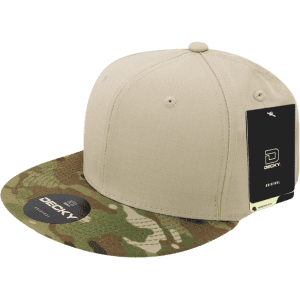 A beige cap with a camouflage patterned peak and a logo tag attached.