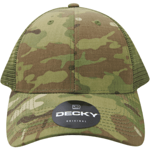 A MULTICAM structured trucker cap in green and brown camouflage with a branded logo on the front.