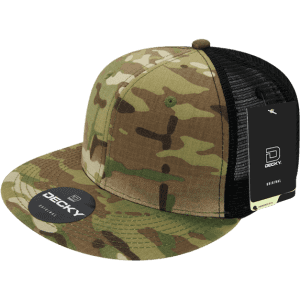 A trucker cap in MULTICAM camouflage pattern, featuring a black mesh back and a logo on the side.