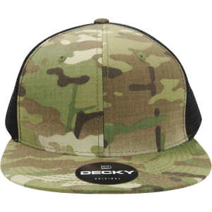 A camouflage trucker hat featuring a patterned front and a black mesh back, complete with a logo on the brim.