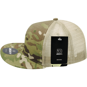 A trucker cap in a multicam design with a mesh back and a branded tag attached.