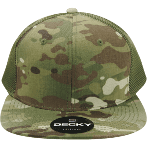 A camo trucker cap in shades of green and brown with a mesh back and a circular logo.