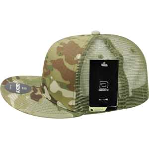 A camouflaged trucker cap with a mesh back and a branded tag attached.