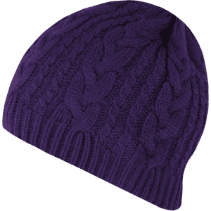 A knitted beanie in vibrant purple with a textured cable pattern and a snug fit. It has a logo displayed on it.