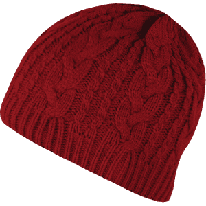 A red knitted beanie featuring a cable-knit pattern and a logo on the side.