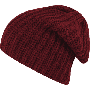 A burgundy knit beanie with a slouchy design, featuring textured stitching and a soft finish.