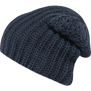 A cozy navy knit beanie with a textured pattern and a relaxed fit. It has a logo on the side.