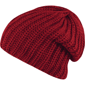 A red knitted beanie with a slouchy design, featuring a textured ribbed pattern and a branding logo.