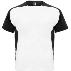 A T-shirt featuring a white front and black sleeves, with a logo on the neckline.